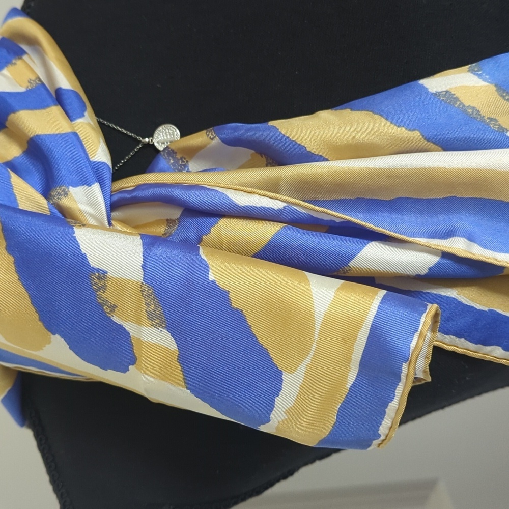 Vera Long Silk Scarf Abstract Design Blue Gold White Quiet Luxury Designer - Picture 4 of 13